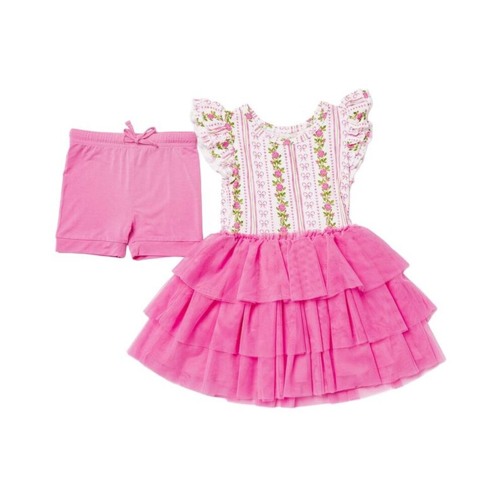 Bums & Roses Girls  Bowquet Of Roses Cap Sleeve Tulle Dress, Multicolor